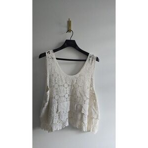 Boho Crochet Lace Crop Tank Top Cream Ruffle Hem Festival Cottagecore Women's XL